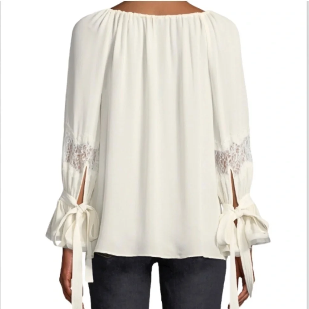 Tory Burch Christy Boat Neck, Lace Inset Long Sleeve Silk Blouse Small
